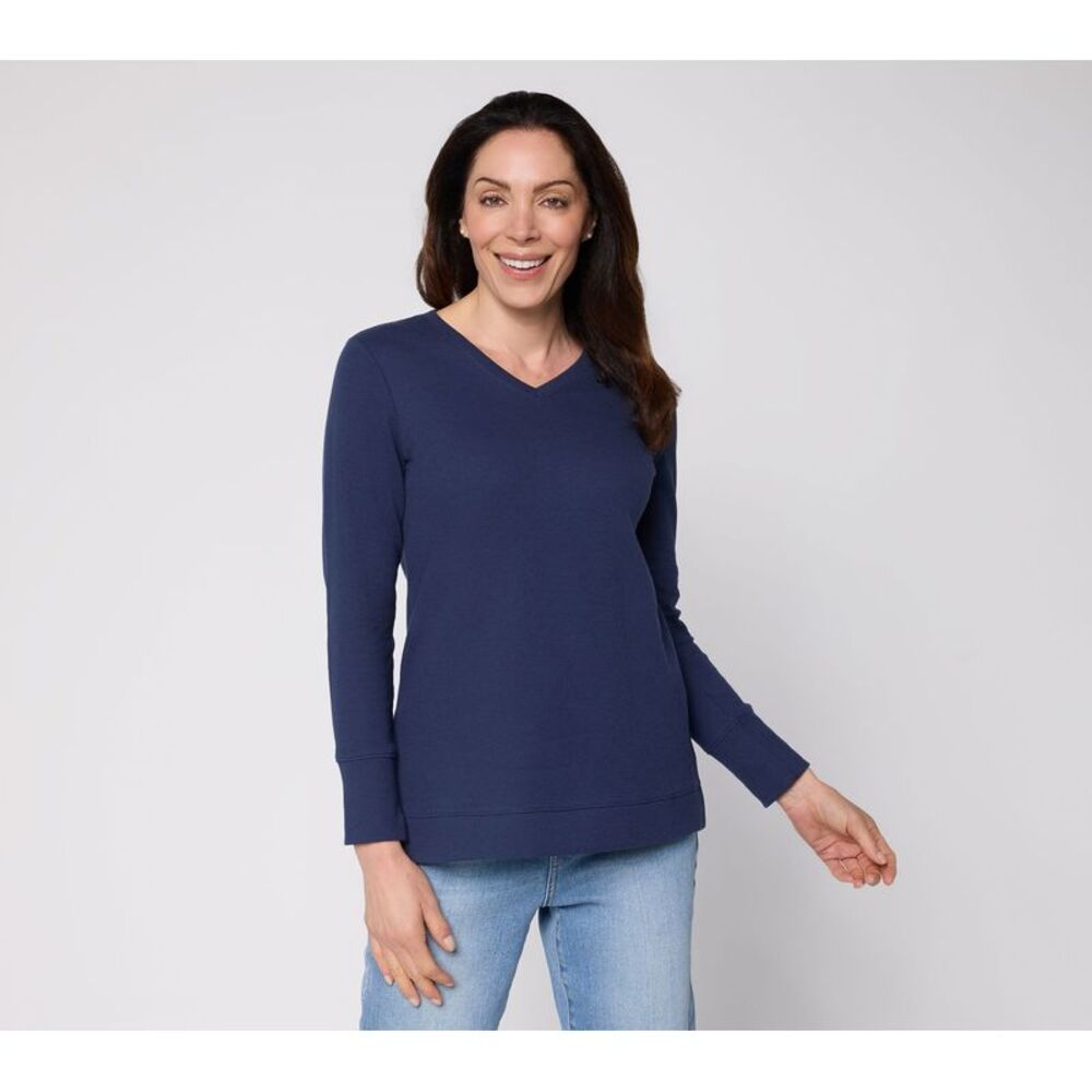 Denim & Co. Women's Top Petite 1XP Essentials Waffle Knit V-Neck Blue